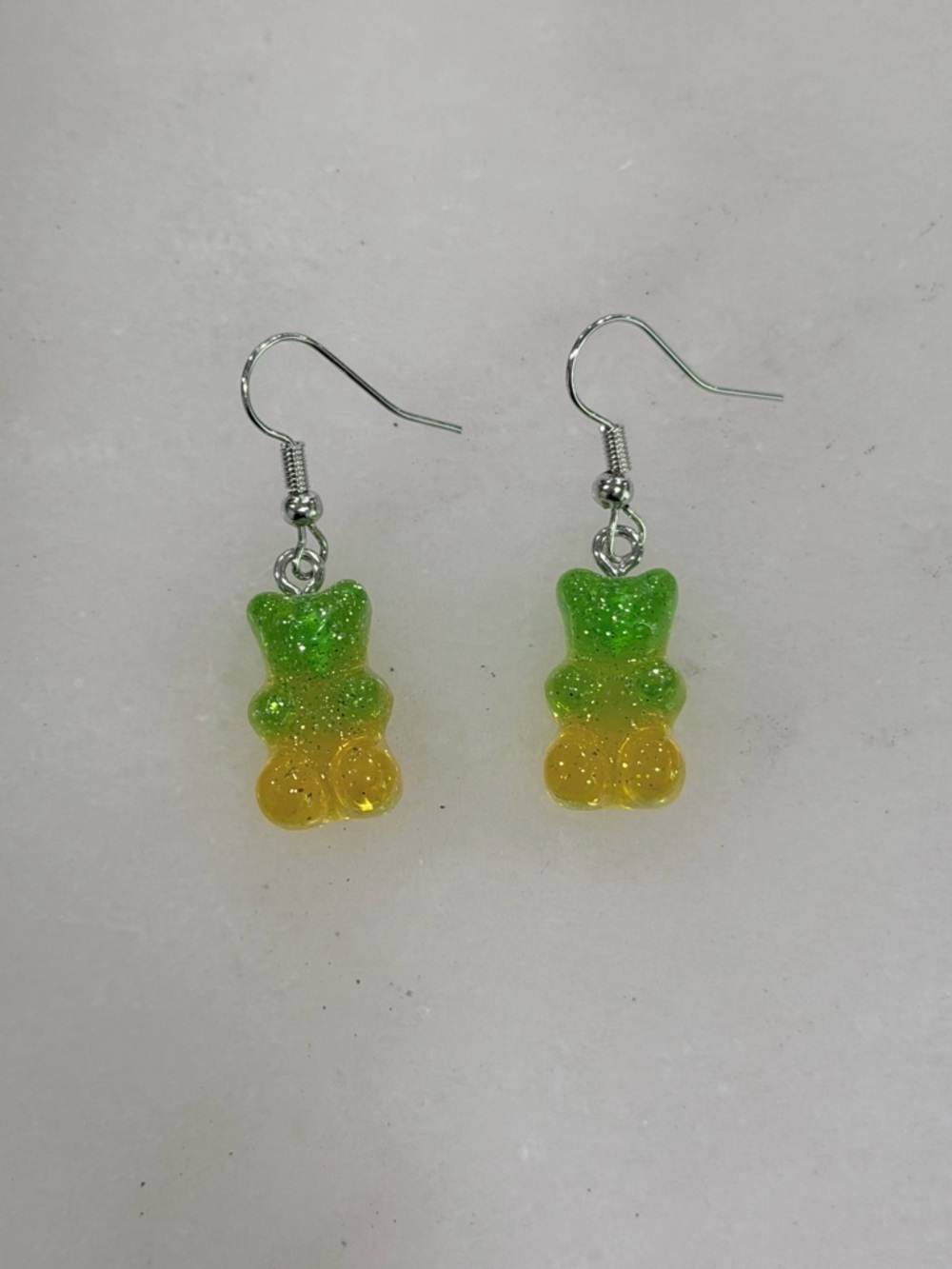 Gummy Bear Drop Earrings Green Yellow Glitter Resin Cute Kawaii Candy Jewelry